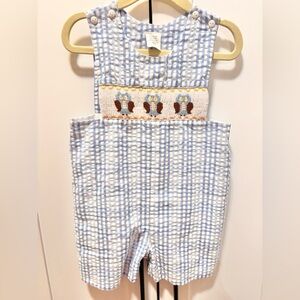 Blue and White Smocked Baby Romper with owls
